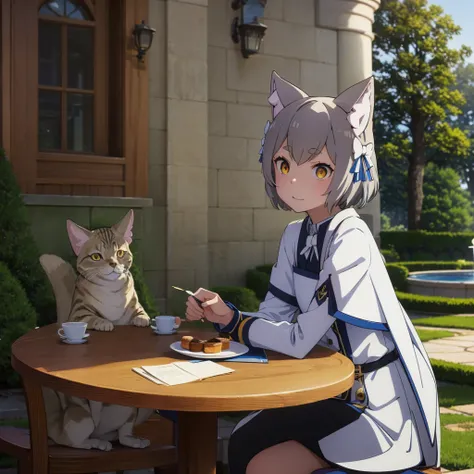 Masterpiece, High quality, High quality of art, best quality, best details, anime artstyle, anime, 1girl, solo, Felix Argyle, blue dressing, Flax-colored hair, flax ears, flax cat tail, Sitting at a white table on a white chair in the garden near a tree ne...