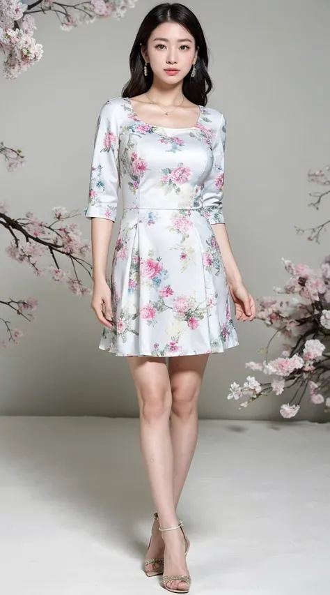 ((Best Quality, 8k, Full body images: 1.3)), (  viewer display  ),   photorealism  ,     pieces of professional clothing ,  1 Girl, Medium-length hair ,  pearl necklace  、  pearl earrings  、  emphasizes bust,   Medium Breasted  ,(mini skirt casual dress)，3...