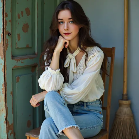 A young woman with long, dark brown hair sits on an aged wooden chair positioned slightly to the right of center. She wears a white blouse adorned with delicate blue floral patterns, featuring three-quarter length sleeves with subtle vertical stripes. The ...