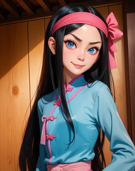 trixie tang,
long black hair girl,straight hime cut,pink headband,
blue eyes,big eyes,chinese,fair skin,snub nose,delicate mouth and jaw,
petite,very thin,skinny,
masterpiece, best quality, HDR,
wooden cabin background,
pink cheongsam,smug smile,
