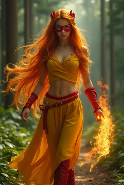 Make girl charachrer Forestar. Girl has long orange hair, yellow costim, red mask on face, red boots on legs. She is beautiful. She has very long and straight orange hair. She has blue eyes. Her power is fire