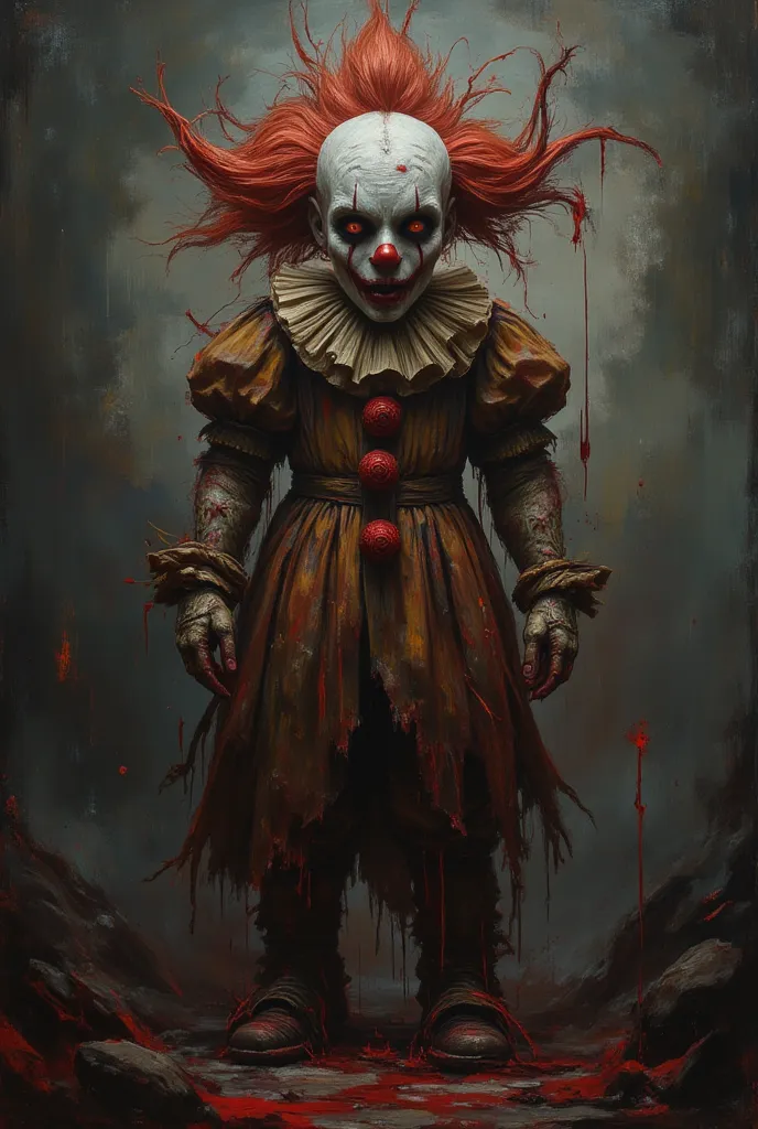 splatterpunk. terrifying maniac clown art. grotesque fantasy. dark ambient dark fantasy. full length view. perfect eyes, perfect...