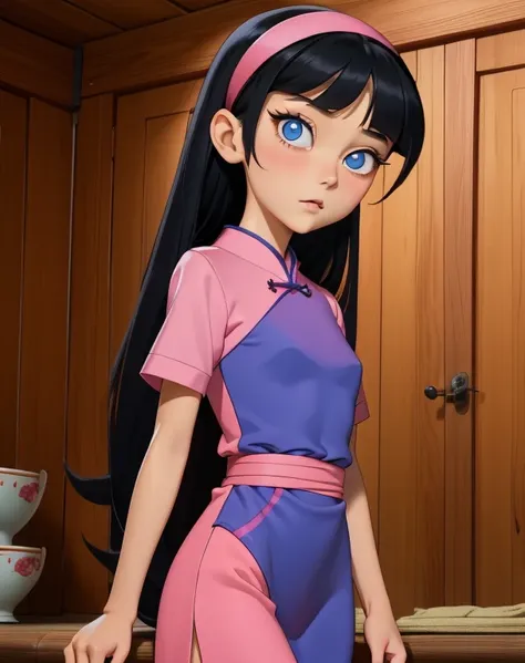 trixie tang,
long black hair,straight hime cut,pink headband,
blue eyes,big eyes,fair skin,
petite,very young girl, thin,skinny,...