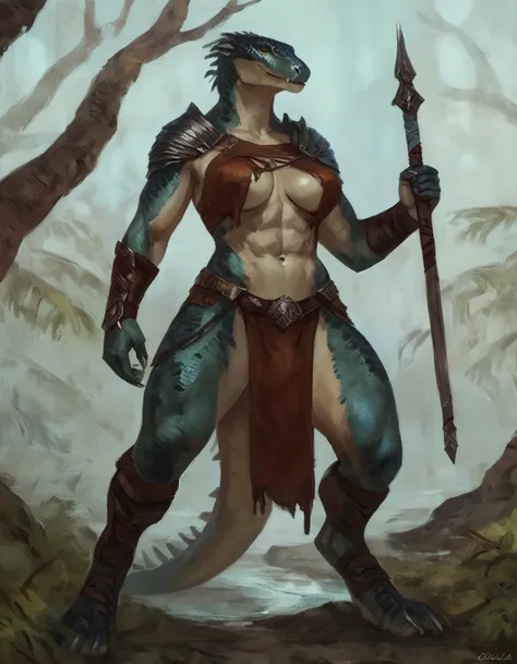 Female saurian, concept art, loincloth, masterpiece, front, ragged top, big body, abs, high quality, feet, by oouna, warrior