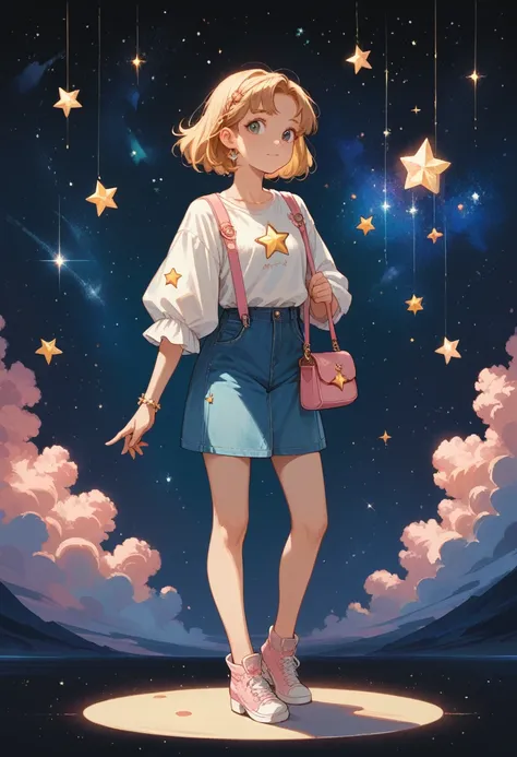 character, full body, standing, front, fashion, cute, star, character, galaxy, space, shoulder bag