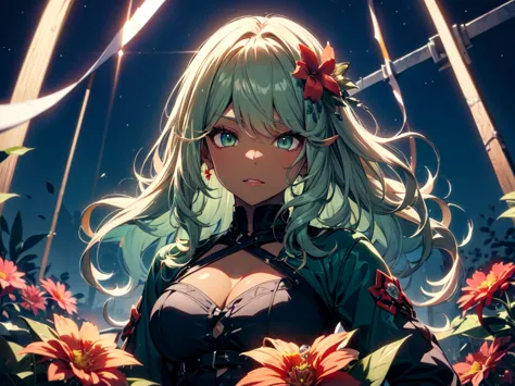 (alone:1.5)、(one person:1.5)、anime、goblin female、(dark green skin:1.5)、(long sleeve dress)、(light green hair, curly wavy hair, l...