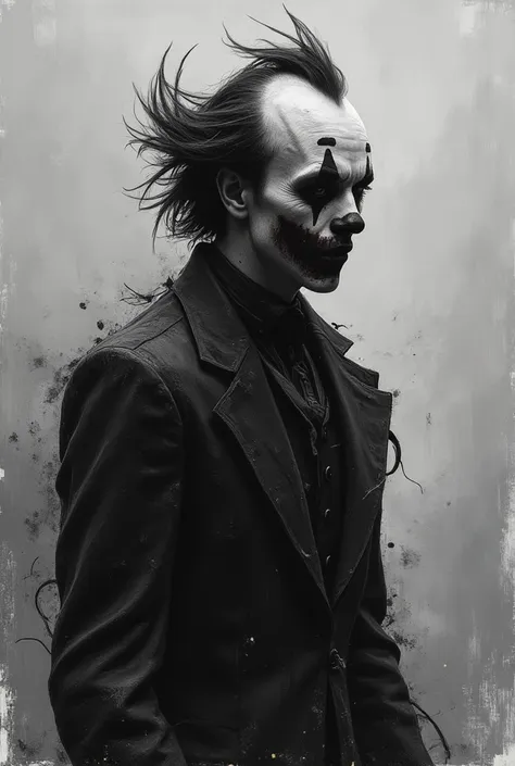 splatterpunk. horrifying maniac clown art in a black and white suit. grotesque fantasy, muted palette and dry brush technique, c...