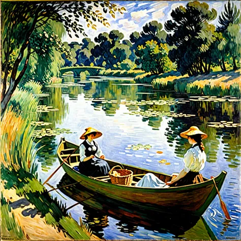 a painting of two women in a boat on a river with a basket, at the edge of a river, impressionist style Manet, Monet, Berthe Morisot, Renoir, Sézanne at the edge of a river, by Sézanne, at the edge of the river, by Degas, summer afternoon, painting before ...