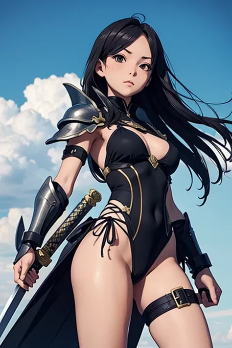 a bit, warrior girl, black high leg swimsuit, sword,armor,mochizuki kei