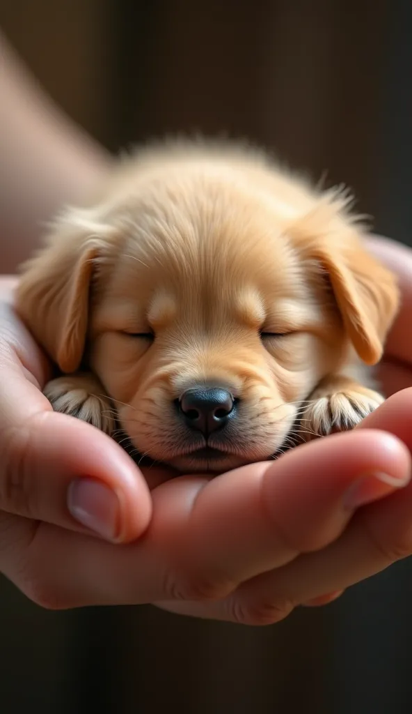  photorealistic , , Of a golden retrivier puppy perched in the palm of a human hand
