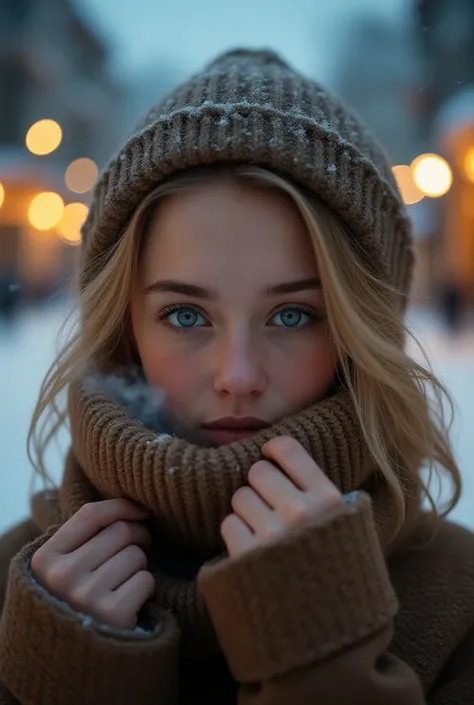 Light gold wavy hair, Bluish eyes, Petite Girls, Beautiful girl even without makeup, Pale red cheeks,Wrap an earth-colored scarf around your neck, Winter clothing with a stand-up collar, He exhales coldly, white sighs, Look up at the audience, ((Girl photo...