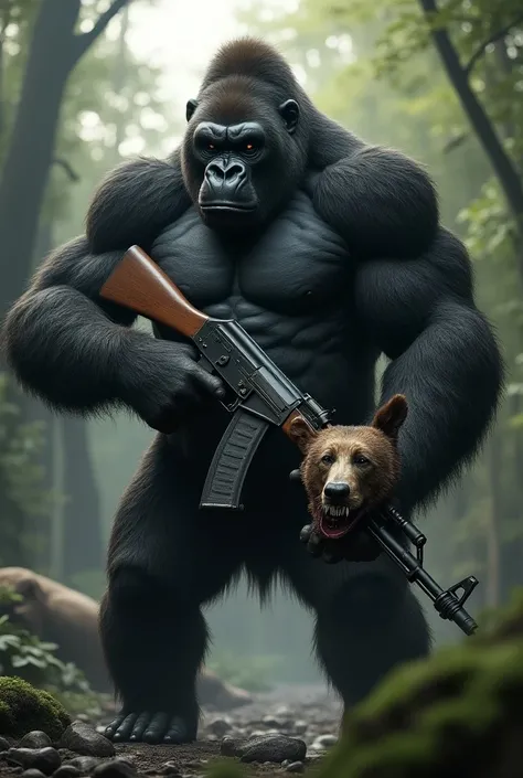 Gorilla with an AK 47 on his shoulder strap holding a bears head 