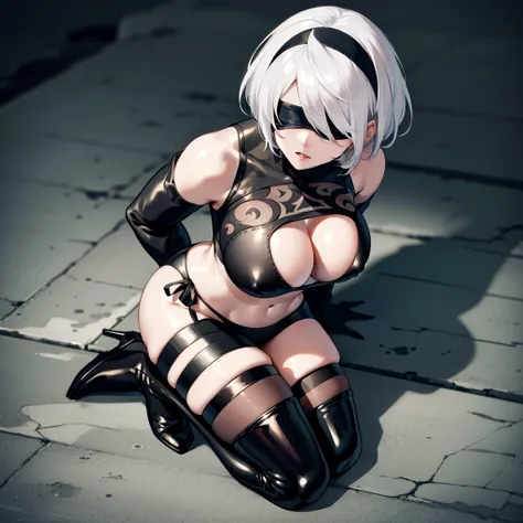 yorha no. 2 type b, bikini, short hair, simple background, black nails,  huge breasts, micro bikini, black footwear, navel, cleavage, alternate breast size,  high heels, black hairband, blindfold, high heel boots, thighhighs, black blindfold, thighs, boots...