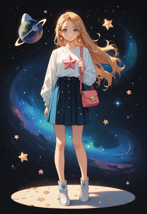 character, full body, standing, front, fashion, cute, star, character, galaxy, space, shoulder bag