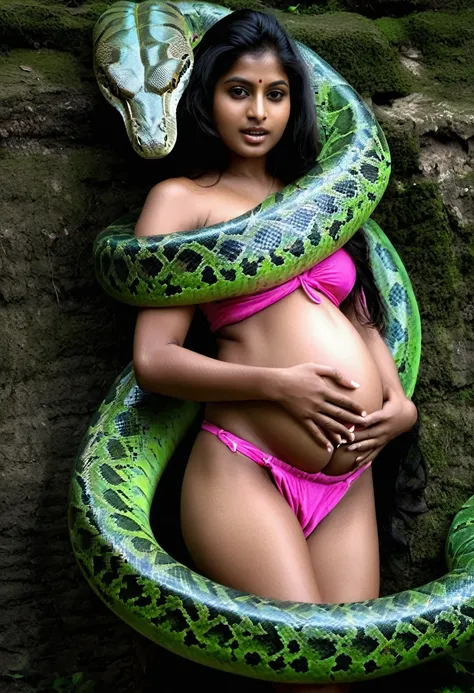 pregnant  aroused  horny beautiful happy very young indian teen village girl  wearing pink thong  vs giant green colossal kaa   ...