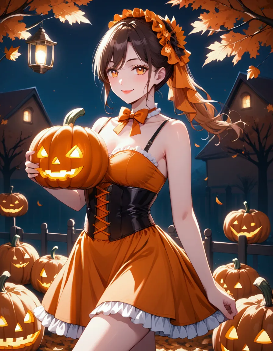 "an anime girl dressed in a glamorous orange and black pumpkin-inspired costume with a corset top and layered skirt. she stands ...