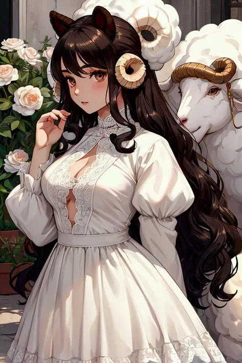 1 girl, semi-human sheep , retailer, perfect model , Beauty,  black hair ,  long fluffy curly hair,  brown eyes , anime, realistic, pale skin,  brown eyes  claros, flores, dress with lace, with sheeps ears .