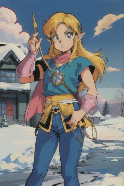 1980s \(style\), (masterpiece, best quality:1.3), 1girl, Princess Zelda, outdoors, elegant armor, ornate hunting bow, bright, leather pants, cumulonimbus clouds, winter, snow, (flat color), retro anime, art by (Akira Toriyama:1.3),