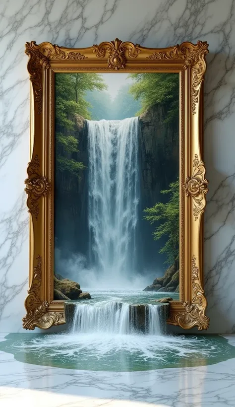 1.	A waterfall in a golden frame  ( 8k Ultra HD ):  An ornate gold frame shows a painting of a waterfall that flows with fine details and great clarity out of the frame to the white marble floor, where the surrounding water drops fill a scene that suggests...