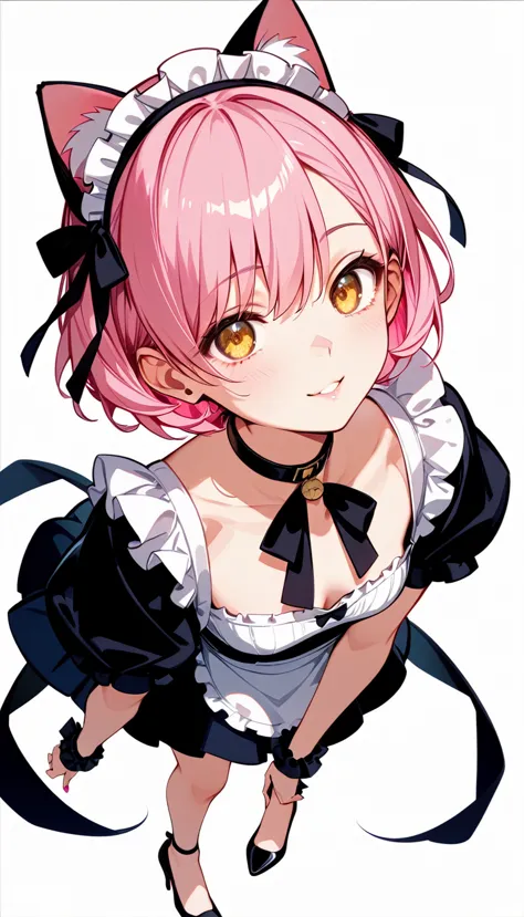 high image quality 、high quality、 one girl playing pranks、 pink hair、 short haired 、 golden eyes、small cleavage 、 short stature ...