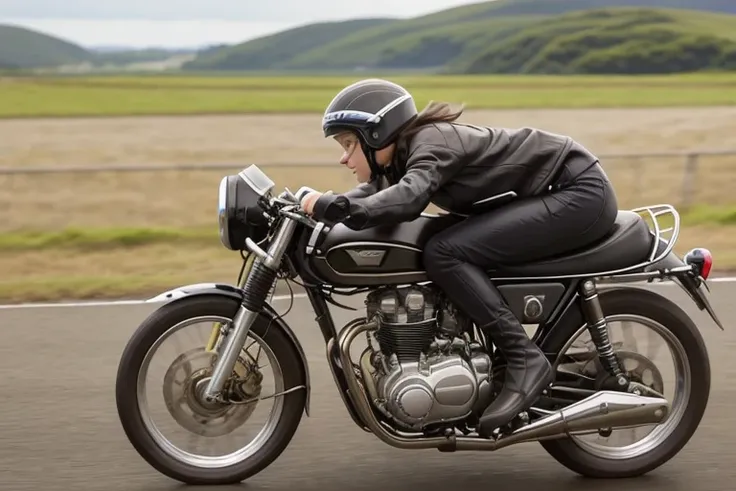 vintage bike、victory、isle of man race、(a young female rider is sprinting on a motorcycle)、leather jumper、cronwell helmet、with go...