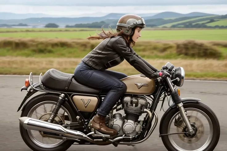 vintage bike、victory、isle of man race、(a young female rider is sprinting on a motorcycle)、leather jumper、cronwell helmet、with go...