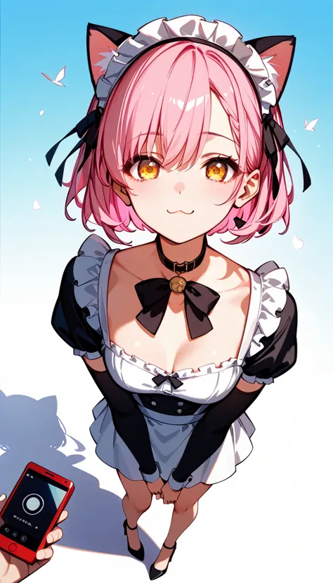 high image quality 、high quality、 one girl playing pranks、 pink hair、 short haired 、 golden eyes、small cleavage 、 short stature ...