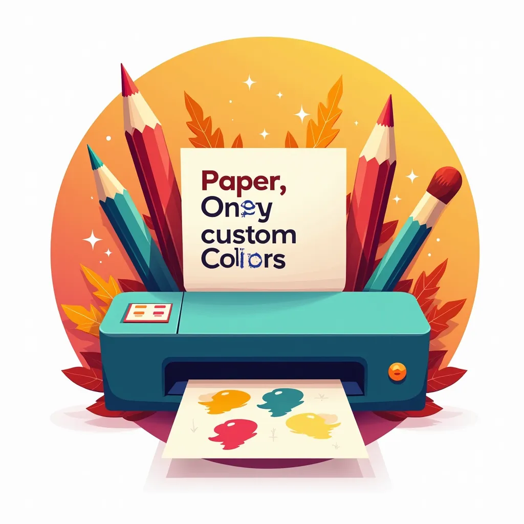  Create a round and colorful logo for a printing company and stationery of personalized items.  The company name is Paper  &  Custom Colors .  The logo must contain items related to graphics and stationery such as a sheet printer , pencils pen ,  brush among others .
