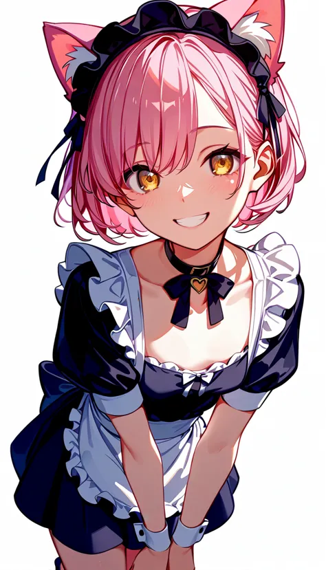 high image quality 、high quality、 one girl playing pranks、 pink hair、 short haired 、 golden eyes、small breasts、 cleavage、 short ...