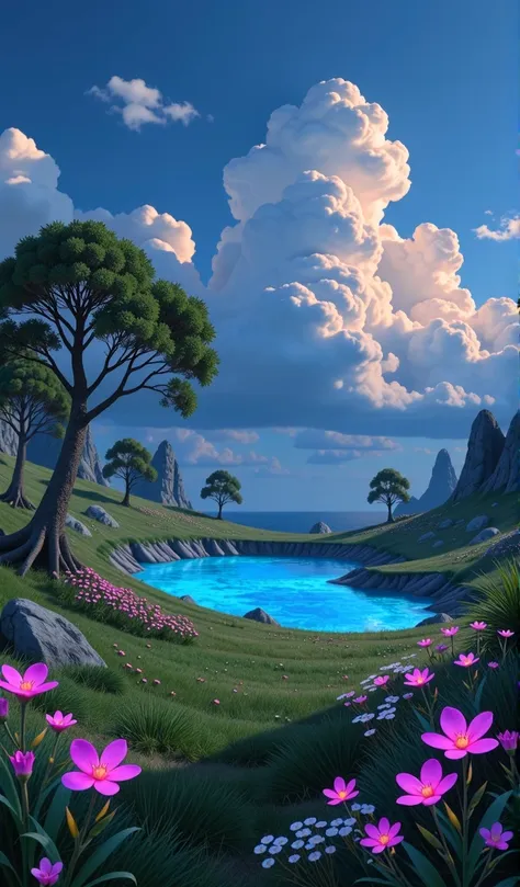 anime style:
**prompt:**  a vast meadow covered with soft green grass ,  dotted with bioluminescent flowers that emit a subtle a...