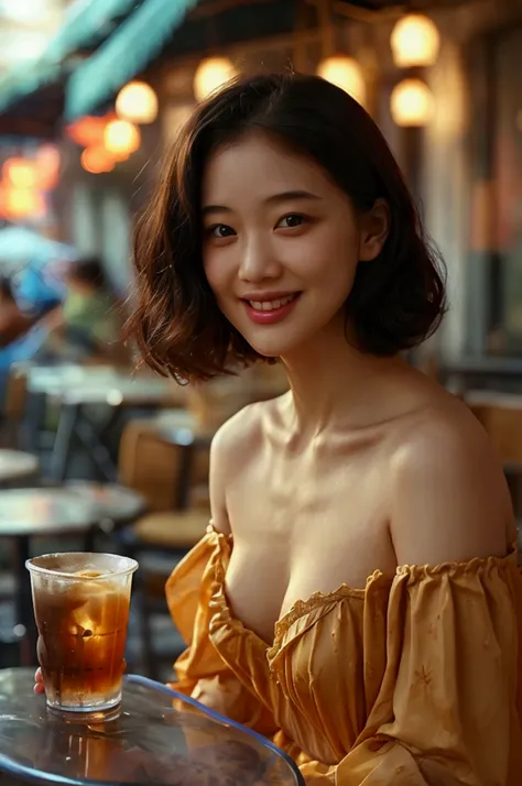 Show me a woman who will surprise everyone.、In New Orleans bourbon street,  talking in cafe while drinking coffee at open air street side table、（Antique cafe with a retro atmosphere）、tight fitting off shoulder dress without bra, the cleavage exposed, short...