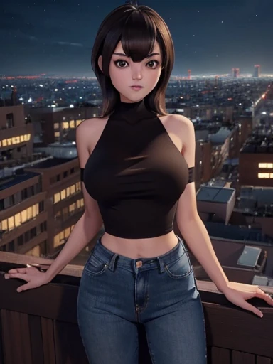 ((Midnight,  Best quality , 8K,  masterpiece  :1.3)),  full body,  long legs,  sharp focus :1.2, A beautiful woman with a perfect figure :1.4, Slender Abs :1.1, ((  dark brown hair  ,  big breasts  :1.2)), ( tight white t-shirt, Bib jeans, Standing:1.2), (...