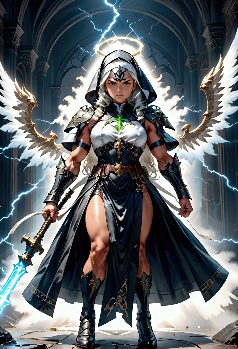 a muscular female nun, detailed facial features,detailed green eyes, armored blue valkyrie, angel wings, lightning mace, full-bo...