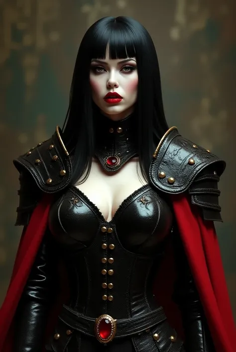 glossblack hair, pale white albino skin, female supermodel with epic big, closeup g-cup breasts bursting out of her Medieval black chrome Armor, gold rivets, engraved etching, cleavage, heavy makeup, bright red lips, red silk cape, ruby encrusted belt buck...