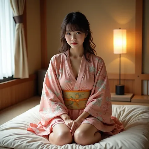 ((  full body portrait ))、  cute face like an idol 、 kind and cute 、(((Japanese Yukata)))、( Knight )、((( Japanese style room futon at a ryokan )))、(((Lie down and sleep soundly)))、(( clevis、  your thighs  ))、RAW photo、Genuine、 Kampala