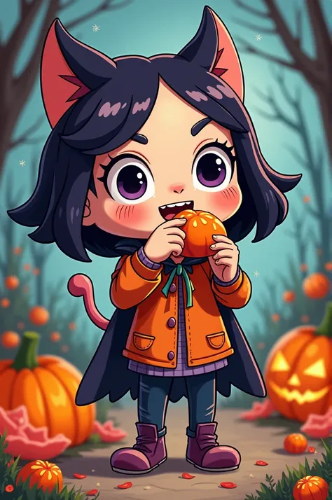 ren in Halloween costume eating candy,Scott Pilgrim cartoon style  