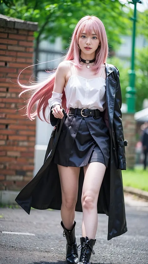 (8k、RAW photo、 inverted nipples 、masterpiece:1.2)、(Realistic、Realistic)、 1 girl、(( black coat、I can see your shoulders、 Check Mini Skirt、 Pink Hair、 see-through 、 Fluttering in the wind 、 Slim Silhouettes 、 black dress、whole body、 knee socks、 emphasizes th...