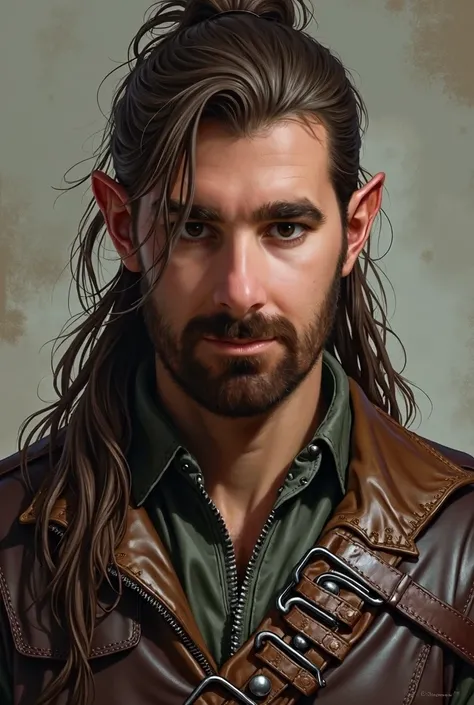 Rogue, Male, half-elf, long Brown tiède hair, portrait, leather armor