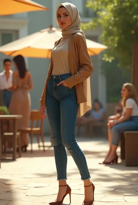 Hijab woman , medium ass,  in high waist, skinny jeans, high heels, Side image ,Girlfriends, Summer, medium ass