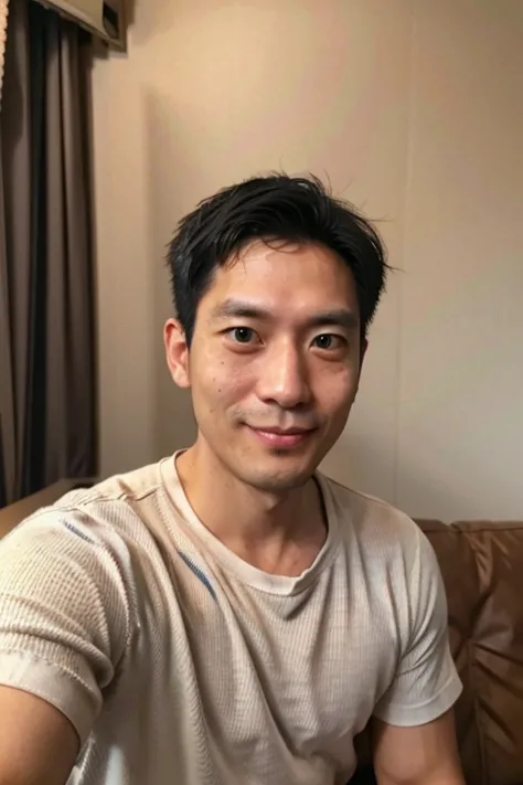 ((selfie with smartphone)), japanese men,36 years old,muscular, rough outfit , white shirt ,the best smile,( sitting on the couc...