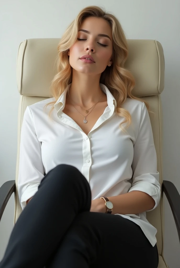  Hyperrealistic blonde haired woman, Sitting on a white chair, very beautiful and with a lot of bust ,  dressed in a white shirt with sleeves up to the wrist to the body, very tight in the bust, Like a flight attendant , and in black pants ,  where she is ...