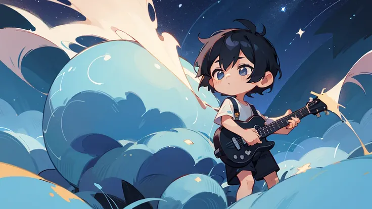 Chibi、male、  Black Hair  、  short hair 、Alone、Playing guitar、 lightweight clothing、Surrounded by musical notes  、A starry sky、POP illustration 、Best Quality,    wide angle shot, masterpiece,    high definition model  , 