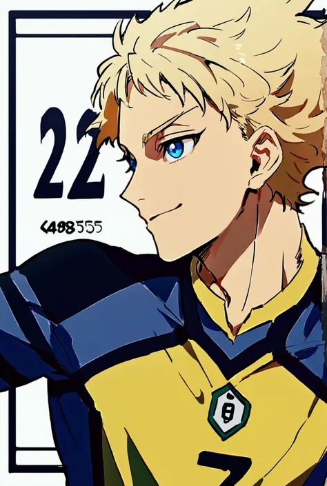 Young Man, Blue Lock anime, blonde hair, blue eyes, Brazilian, jersey number 22, ahtletic body, red and black striped uniform
