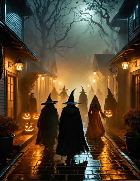 "a realistic halloween night scene of ren in various costumes—witch, ghost, skeleton—walking along a foggy, dimly lit street wit...