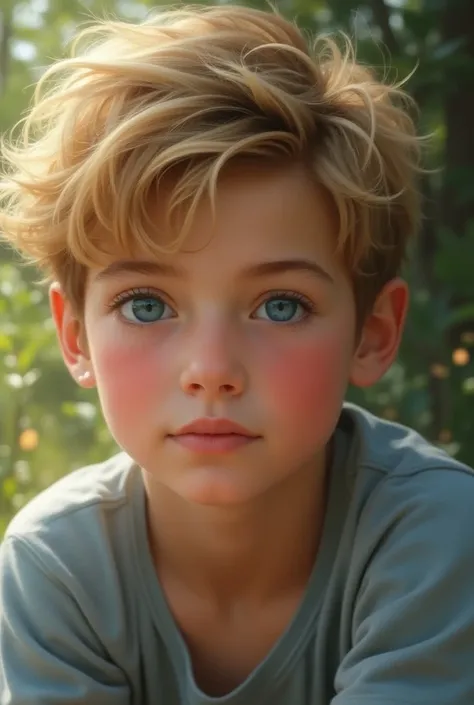 A blond boy of 15 , with blushing blue eyes