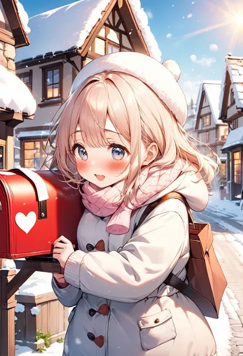 Cute girl with downcast eyes, blushing cheeks and bouncing heart, winter mailbox, waiting for love letters to be delivered by the postman, snowy village, spring sunshine, best picture quality.