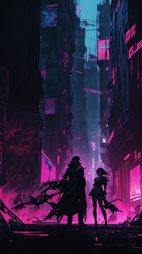 two shot,long shot, 2 person,Cyberpunk, Dark City,tattoo girl, very beautiful, murderous, handsome man, betrayal, anger, dark background, 8K, dynamic wallpaper, very delicate, very dense  