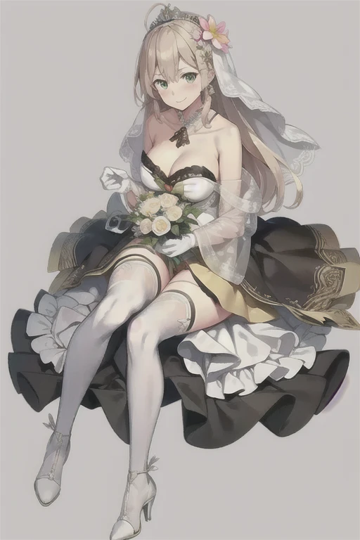 Missouri (warship girls r),((Best quality))),((Ultra-detailed)),((illustration)),((Disheveled hair)),((frilld)),(1 girl),(Solo),
 1girl,ahoge,bangs,bare shoulders,blush,bouquet,breasts,cleavage,detached sleeves,dove,dress,eyebrows visible through hair,faux...