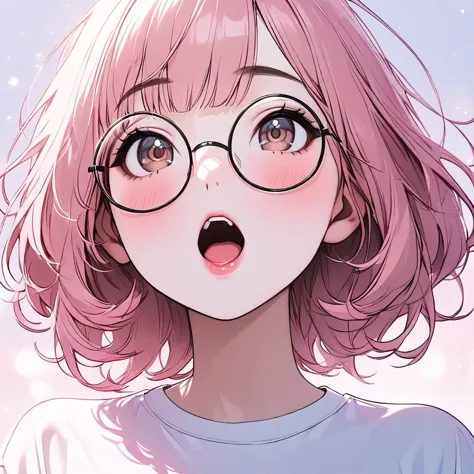 tiny girl, pastel pink hair, soft brown eyes, beautiful, nerdy t-shirt, face close-up, lipgloss, brat, big round glasses, korean...