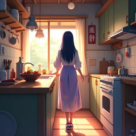 Create an image of Hinata in the kitchen at home with the Naruto anime theme